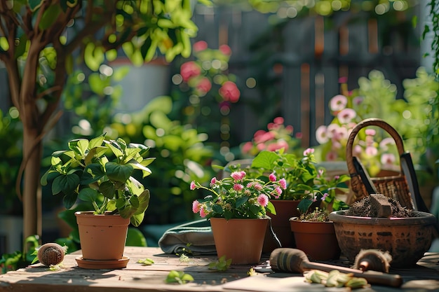 gardening equipment among plant in flower pot on a table in garden