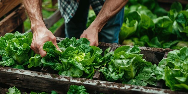 Gardening man planting organic lettuce and herbs