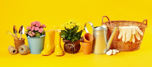 Gardening tools and accessories on yellow background