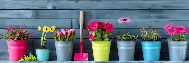 Photo gardening tools beside colorful flower pots