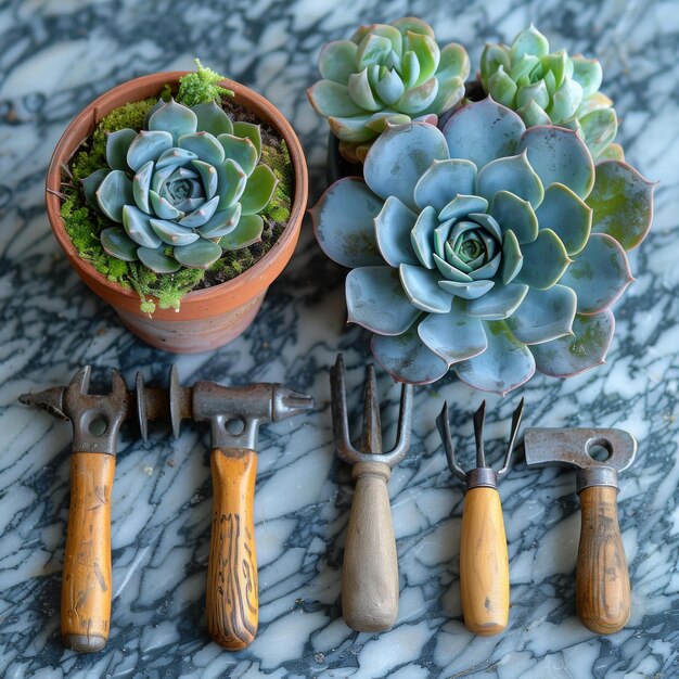 Gardening Tools and Cactus Pots Displayed on Table