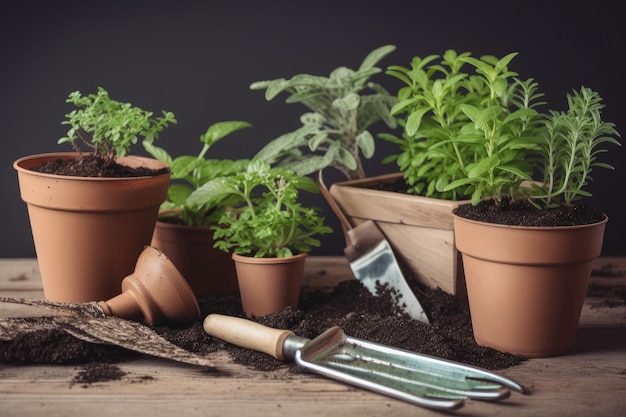 Gardening tools growing plants and potted herbs in the city created with generative ai