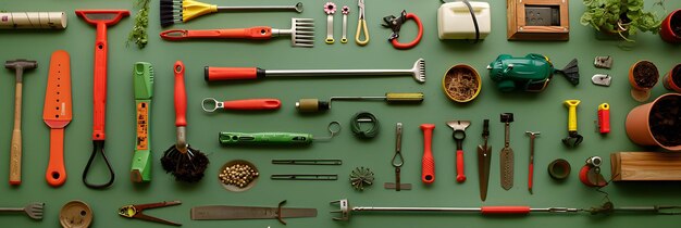 Photo gardening tools in a neatly organized arrangement