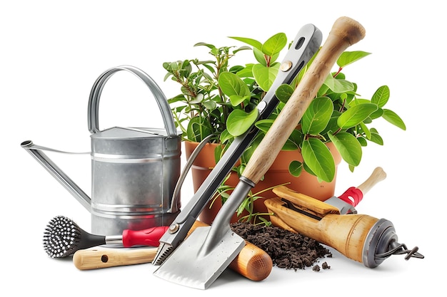 Photo gardening tools and a plant in a pot