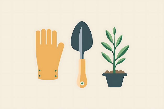 Gardening tools and a potted plant