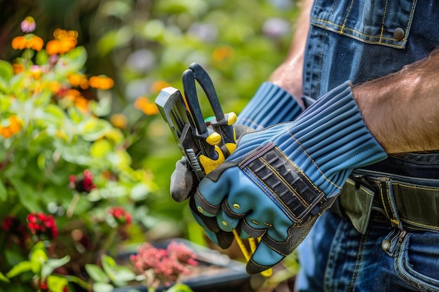 Gardening Tools and Protective Gloves in Lush Garden Setting Ideal for Home Gardening Tips and Designs