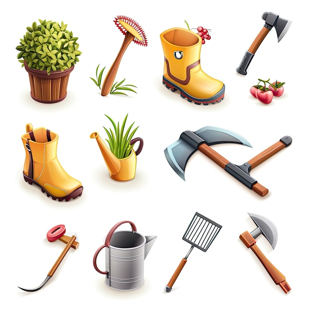 Photo gardening tools rake hand pruners berries rubber boots axe shovel saw watering can