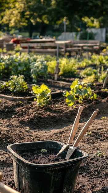 Gardening tools rest in a bucket amidst thriving plants in a community garden