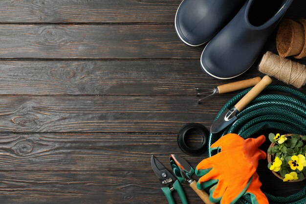 Gardening tools on rustic wooden background, top view