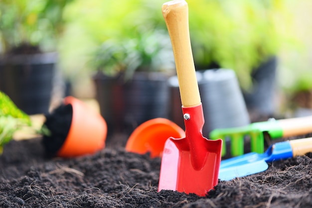 Gardening tools on soil background ready to planting