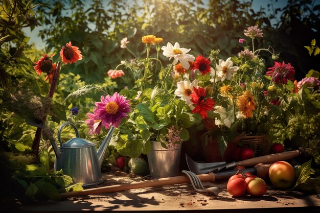 Gardening tools and spring flowers on the terrace in the garden generative ai