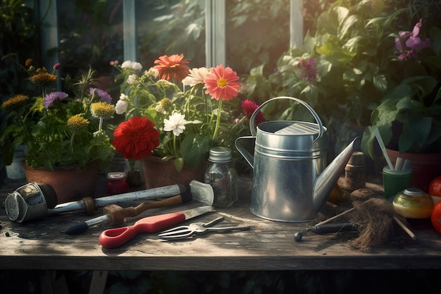 Gardening tools and spring flowers on the terrace in the garden generative ai