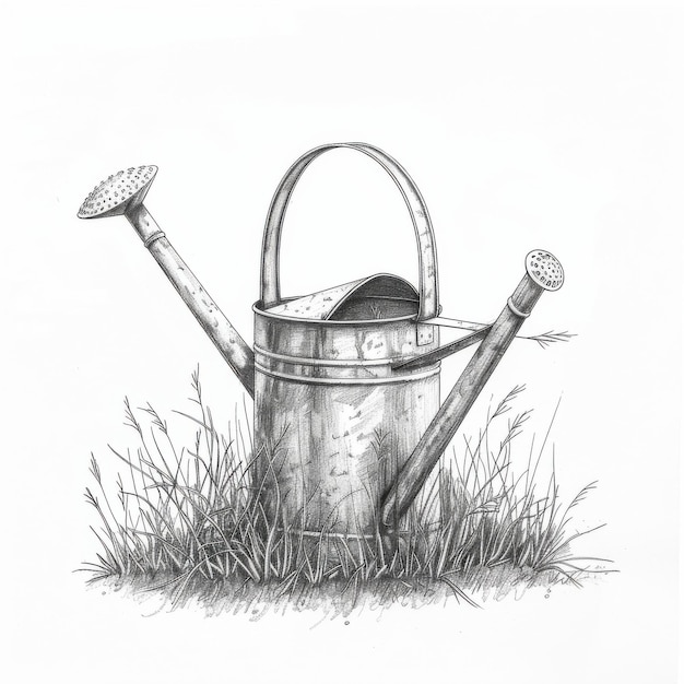 Gardening Tools and Watering Cans Delicately Sketched Pencil Drawings