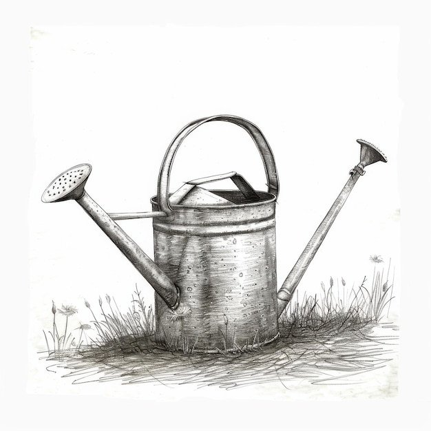 Photo gardening tools and watering cans delicately sketched pencil drawings