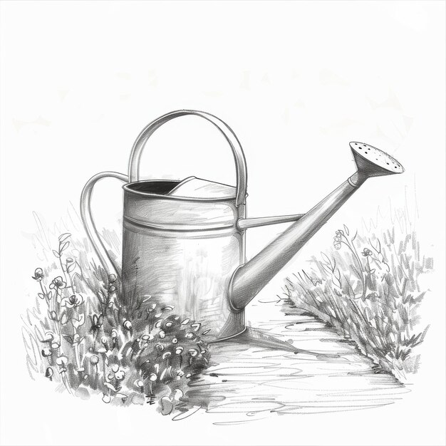 Gardening Tools and Watering Cans Delicately Sketched Pencil Drawings