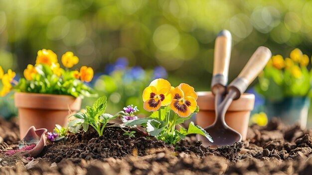 Photo gardening tools with flowers in a pot