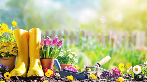 Photo gardening tools with flowers