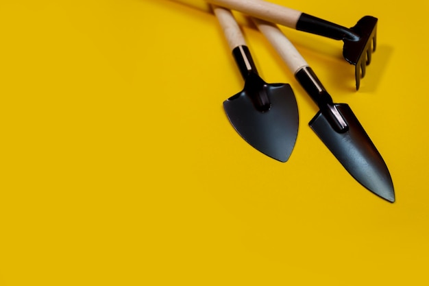 Gardening tools on yellow background