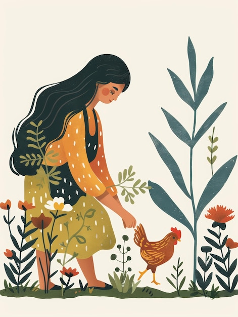 Gardening with Pet Chicken Whimsical Aesthetic Illustration Generative AI