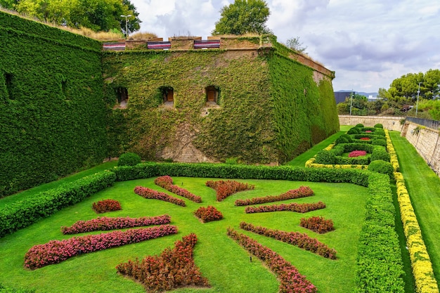 Gardens and wall of the castle of Montjuic on the hill of the same name in Barcelona Spain