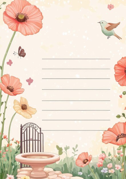 Photo gardenthemed letter paper with poppies gate and birdbath