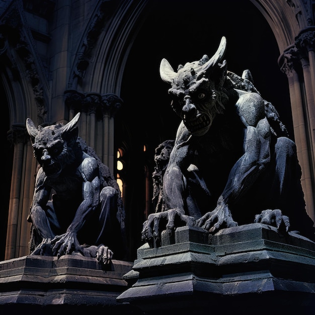 Gargoyle statues perched on a Gothic cathedral