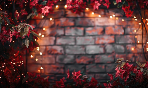 Garland of cold red lights on the brick background