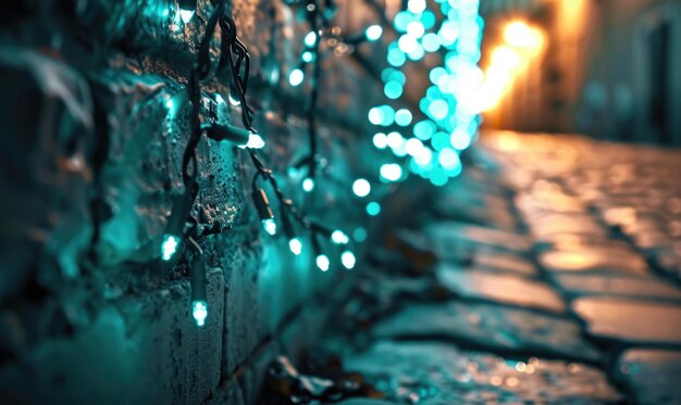 Photo garland of cold teal lights on the cobblestone background