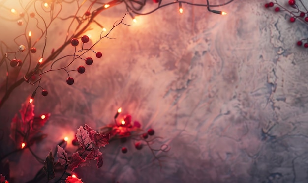 Garland of warm red lights framing the frame limestone background