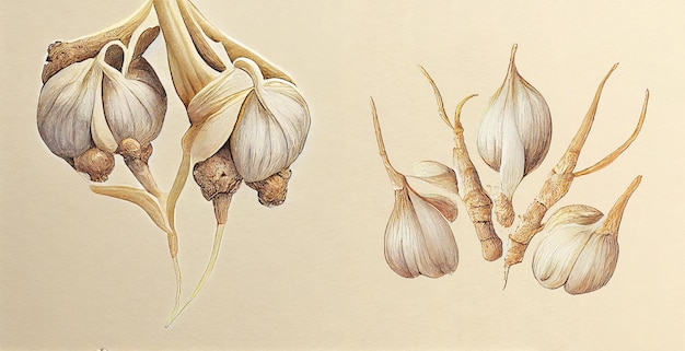 Garlic (Allium Sativum). Botanical illustration on white paper. The best medicinal plants.