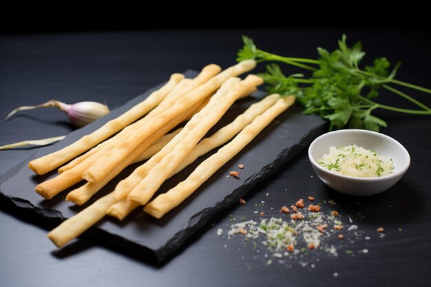 Garlic breadsticks on a slate with minced garlic bulbs