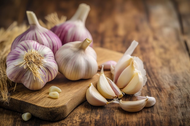 Garlic bulbs and cloves on wooden background