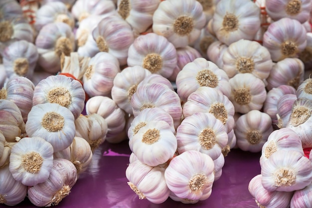 Garlic bunches in a market