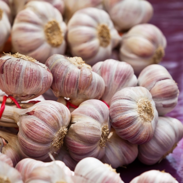 Garlic bunches in a market