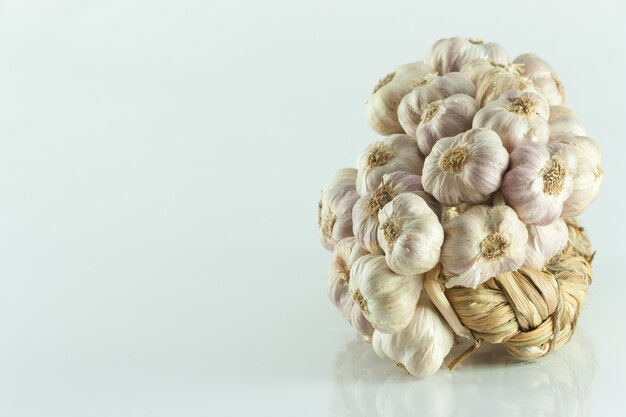 Garlic in bundles dried, Garlic braid isolated on white background