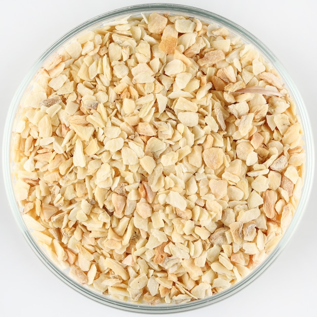 Garlic chips in a glass bowl