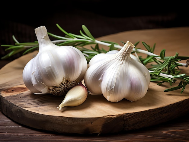 garlic cloves of garlic and a sprig of rosemary on a wooden cutting board