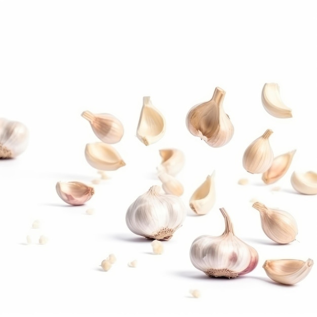 Garlic cloves levitate on a white background generative ai