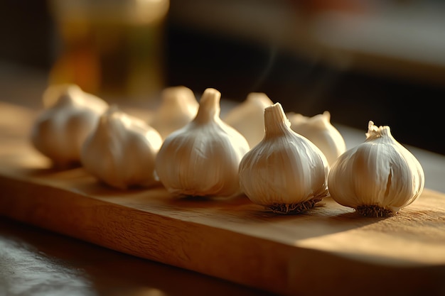 garlic on a cutting board with a bottle of wine