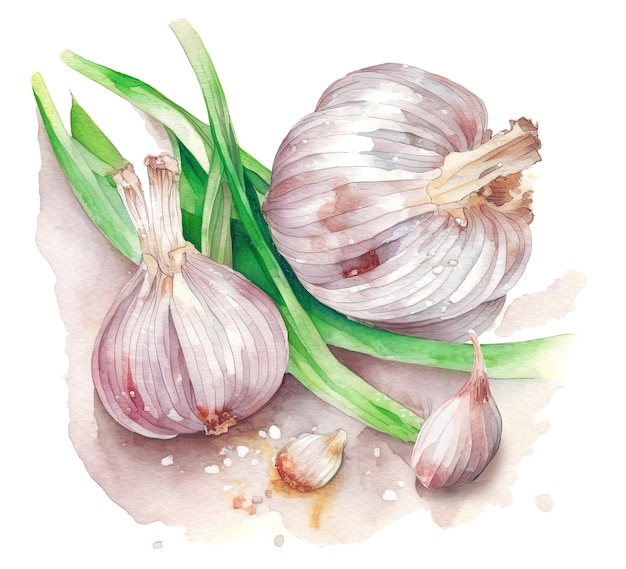 Garlic fresh bulbs and leaves over white background Generative AI illustration in watercolor style