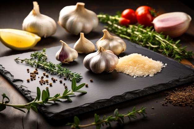 Garlic and fresh thyme on a slate board