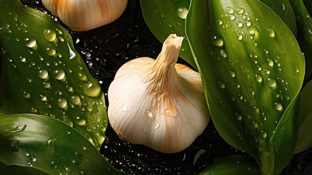 Garlic and green leaves with water drops on a black background