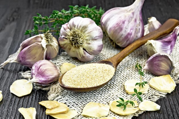 Garlic ground in spoon on wooden board