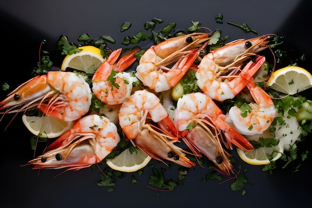 Garlic herbs and lemon are used to season sauted shrimp and prawns which are arranged on a black