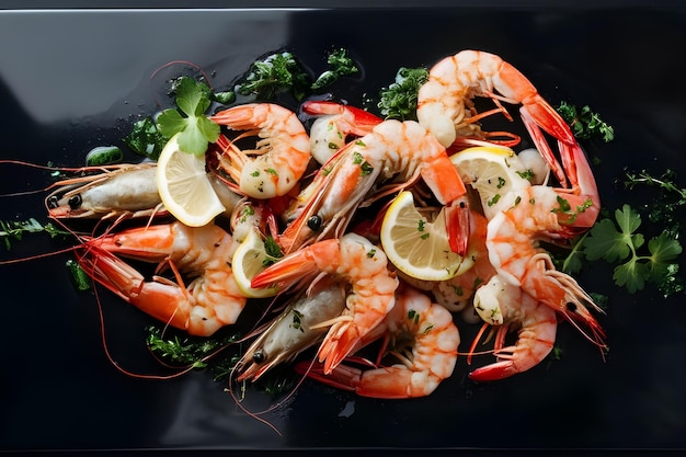 Garlic herbs and lemon are used to season sauted shrimp and prawns which are arranged on a black