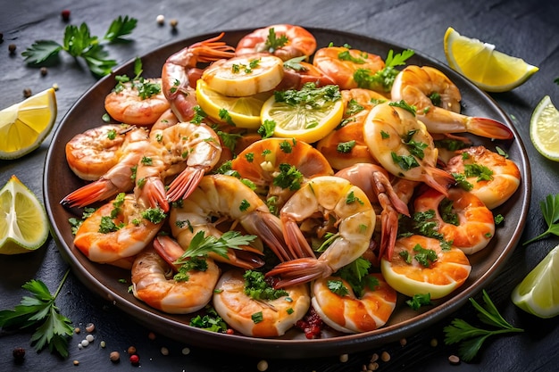 Garlic herbs and lemon are used to season sauted shrimp and prawns which are arranged on a black