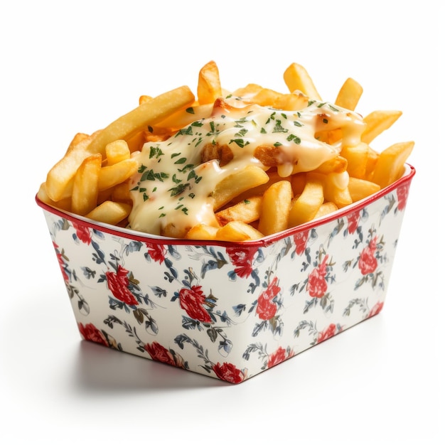 Garlic Parmesean French Fries in printed white and red card box Isolated on White