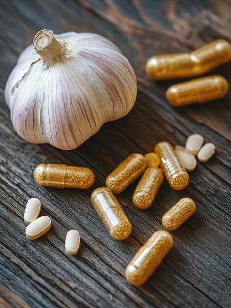 Photo garlic and pills on wood table