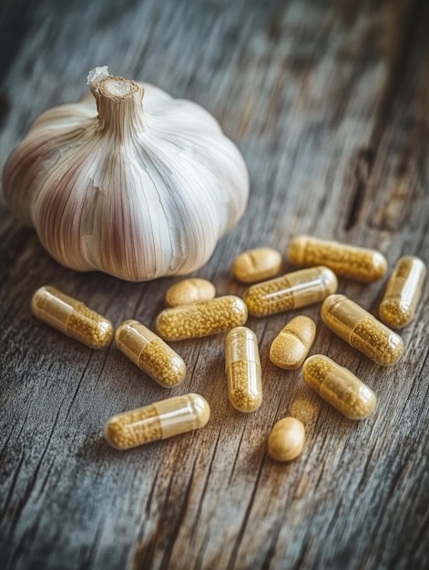 Photo garlic and pills on wooden table