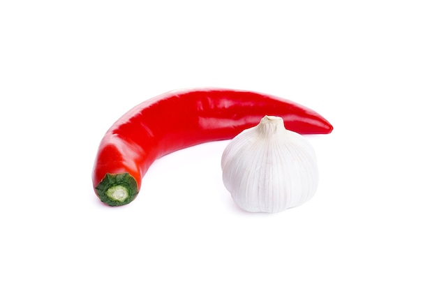 Garlic and red hot chilli pepper isolated on white background. High quality photo